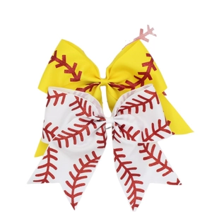 Double-layered baseball stitching ribbon hair bows in bright yellow and white set