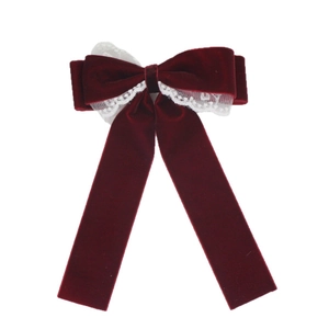 Elegant wine red velvet hair clip with delicate white lace trim and long ribbon