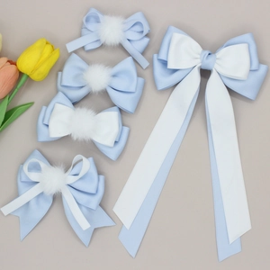 Sweet Light Blue White Satin Bow Hair Clips For Women Girls Handmade Bowknot Hairpins With Pom Pom Long Streamers Headwear