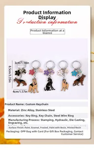 Detailed size specifications for enamel dog keychains made of durable zinc alloy