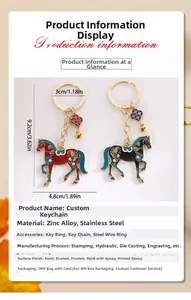 Detail of traditional Tang horse enamel keychains with dimension labels and size specs