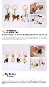Gros plan de porte-clés en métal émaillé en forme de poney et chien au design très détaillé