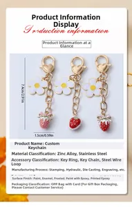 Detail view of strawberry and daisy keychain with dimensions and material specifications