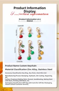 Detailed view of colorful apple and clover keychains with heart-shaped hooks and pearls