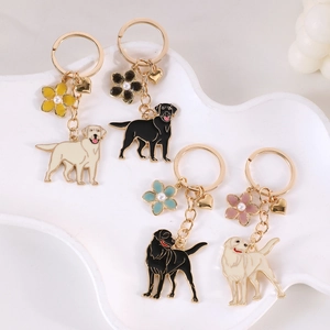 Cute Enamel Labrador Golden Retriever Dog Keychain With Flower Artificial Pearl Heart Pendant Alloy Metal Key Ring For Bag Charm