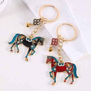 Chinese Style Enamel Horse Keychain Double Sided Alloy Floral Pattern Horse Pendant Key Ring With Sycee Bell Bag Charm Jewelry