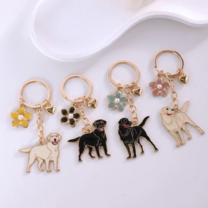 Golden retriever puppy keychain with enamel floral charms and metal heart pendant