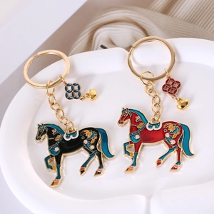 Dual-color horse enamel keychains in black and red with elegant floral pattern charms