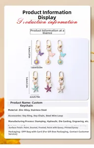 Detail showing butterfly and starfish zinc alloy keychains with dimensions and D-ring hooks