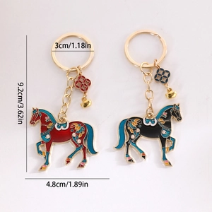Traditional Chinese horse keychain with enamel floral patterns and measurement details