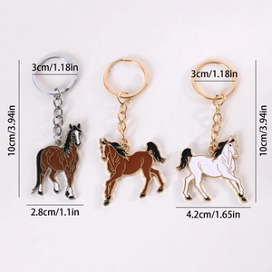 Three horse enamel keychains in brown and white with alloy finish and size dimensions