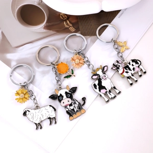 Porte-clés créatifs en alliage vache et mouton avec breloques florales pour sacs