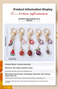 Close-up of fruit keychains made of zinc alloy with enamel finish and pearl details