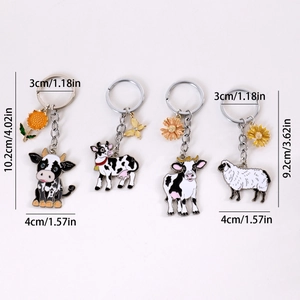 Porte-clés mignons vache et mouton en alliage avec breloques de fleurs et papillons colorés