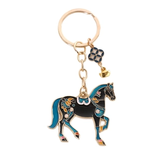 Chinese style black and gold enamel horse keychain with blue saddle and flower charms