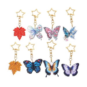 Acrylic Butterfly Maple Leaf Keychain Gold Star Clasp Bag Charm Glitter Floral Pendant Women Girls Jewelry Keyring Gift
