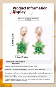 Dimensions du porte-clés tortue verte avec mousqueton doré en forme de cœur et détails