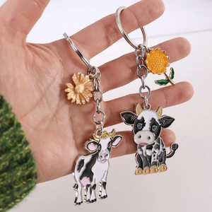Porte-clés vache dessin animé mignon avec breloques de fleurs pour sacs et mobile
