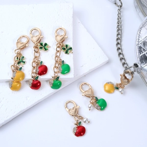 Cute Enamel Apple Keychain With Heart Clasp Rhinestone Faux Artificial Pearl Clover Bag Charm Fruit Pendant Key Ring Gift For Women
