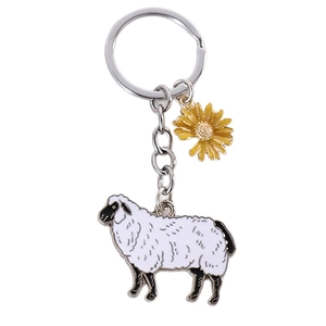 Porte-clés mignon de mouton en alliage avec pendentif marguerite jaune et anneau argenté