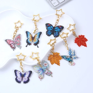 Exquisite acrylic butterfly and maple leaf keychains with golden star metal rings