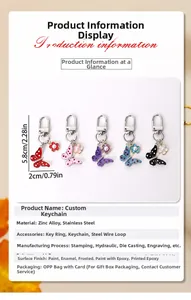 Detailed size specifications for alloy butterfly keychains with various colors and charms