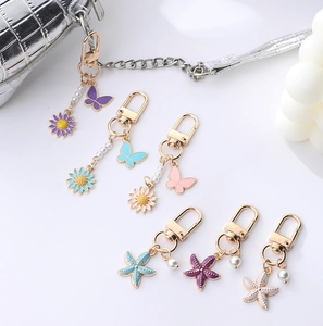Butterfly Flower Starfish Enamel Keychain Metal Pendant With Imitation Artificial Pearl Bag Charm Accessories For Women Girls Gift