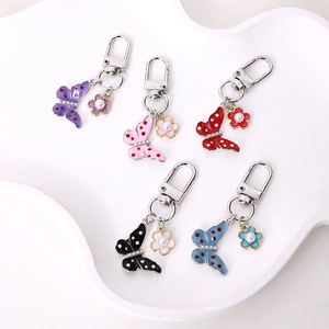 Alloy Butterfly Keychain With Dotted Enamel Wing And Faux Artificial Pearl Flower Charm Car Key Ring Bag Pendant Gift For Women