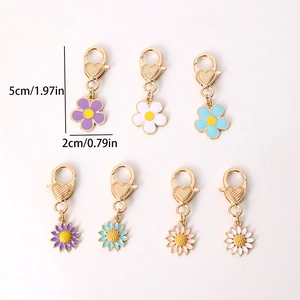 Set of 7 colorful alloy flower keychains with heart embossed gold lobster clasps