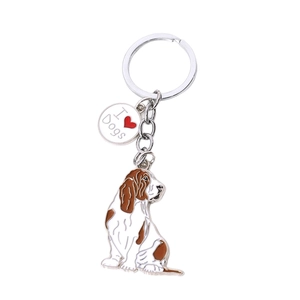 Cartoon Basset Hound metal keychain pendant with I Love Dogs tag on white background