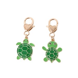 Porte-clés tortue en métal mignon avec émail vert et fermoir mousqueton en cœur