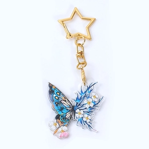 Porte-clés papillon en acrylique avec ailes bleues, fleurs et fermoir étoile dorée