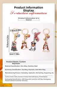 Detailed view of four Christmas dog keychains made of durable zinc alloy and stainless steel