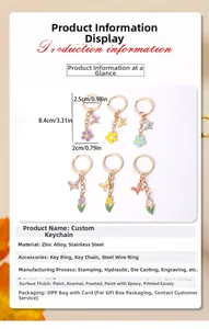 Detailed size chart of colorful alloy floral and butterfly keychains with enamel finish