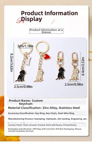 Detailed size chart of golden retriever and labrador keychains with zinc alloy parts
