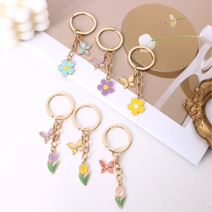 Floral butterfly alloy keychain set with macaron enamel charms for bags and keys