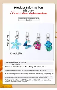 Blue acrylic floral and butterfly charms keychain with dimensions in cm and inches
