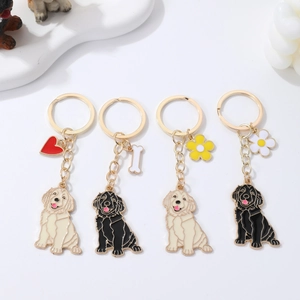 Cute Cartoon Golden Retriever Dog Metal Keychain Charm With Enamel Flower Heart Bone Pendant For Bags Key Ring Souvenir Gift