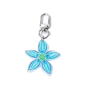 Minimalist blue acrylic flower keychain with silver lobster clasp on a white background