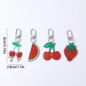 Lot de 4 porte-clés fruits en acrylique à paillettes avec pastèque fraise et cerise