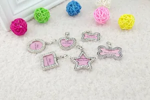 Mini photo frame pet tags in heart star and bone shapes with white rhinestones