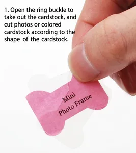 Detail of pink photo frame paper insert and clear plastic protector for pet tag