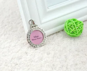 Detailed macro view of heart-shaped pet pendant with pink photo frame and white rhinestones