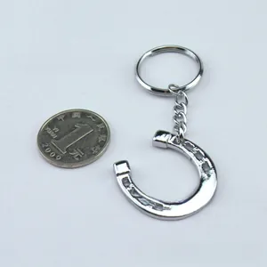 Macro detail of silver horseshoe keychain pendant with coin for scale reference