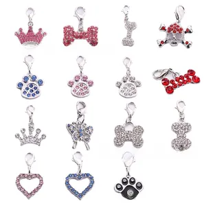 Assorted alloy pet charms with colorful rhinestones and lobster clasps for collars