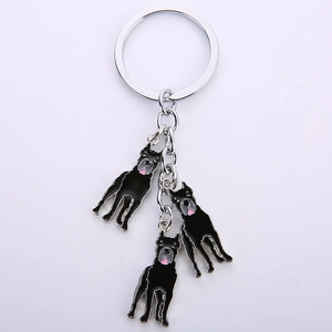 Silver metal keychain with triple black Great Dane enamel dog pendants for dog lovers