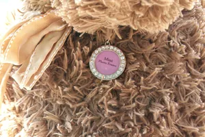 Macro detail of a mini photo frame pendant with white rhinestones and a purple center inlay