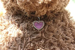 Close-up of heart-shaped mini photo frame pendant with rhinestones on a plush bear
