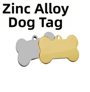 Macro detail of bone-shaped zinc alloy pet ID tags in polished gold and silver finishes