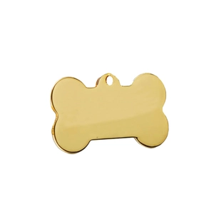 Polished gold bone-shaped zinc alloy pet ID tag with hole for collar attachment
